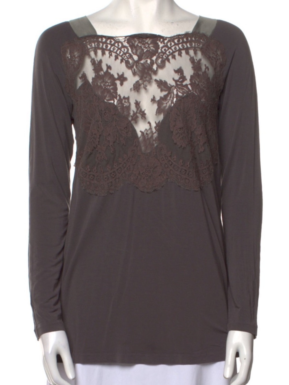 La Perla Long-Sleeve Lace Yoke Top - Dark Brown